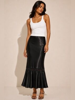 Adiva Skirt Black Midi Satin Lace Slip Flowy Long Size XL NWT
